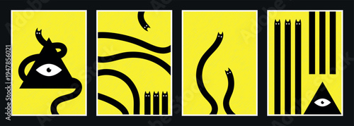 Surreal Black Cats on Yellow Abstract Poster Set. Surreal Yellow Posters