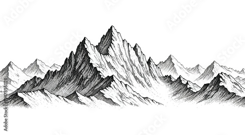 A black and white illustration of a mountain range with snow covered peaks isolated on white background