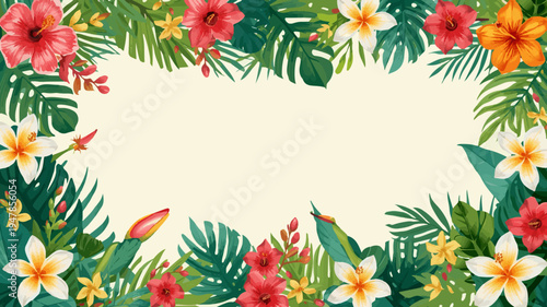 Vector template Colorful tropical floral border with hibiscus, plumeria, and exotic jungle flowers. Decorative vector illustration perfect for summer backgr