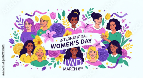 International women's day celebration with diverse women and flowers march 8th iwd equality and empowerment