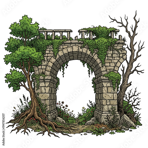 Overgrown Stone Archway Leading to a Fantasy Forest