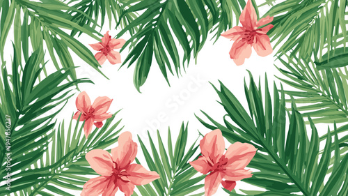 Vector template Colorful tropical floral border with hibiscus, plumeria, and exotic jungle flowers. Decorative vector illustration perfect for summer backgr