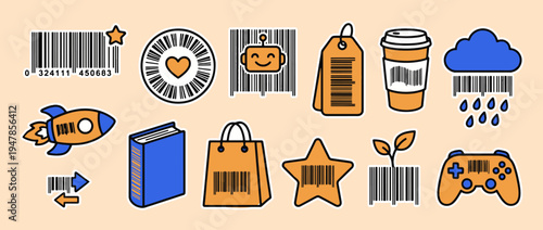 Symbolic Barcodes Collection: An assortment of barcodes ingeniously transformed into creative icons, reflecting various aspects of daily life.
