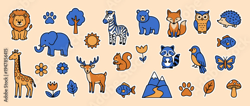 Playful Animals in Vibrant Designs: a lively collection of cartoon animals, from majestic lions and towering giraffes to whimsical foxes and buzzing bees.