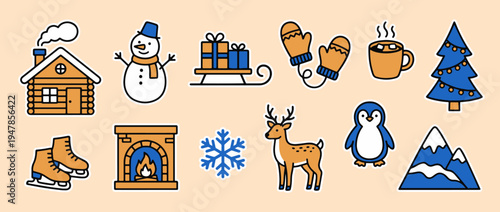 Winter Wonderland Icon Collection: A charming compilation of winter-themed icons, featuring a cozy house, snowman, gift, sled, mittens, hot cocoa, christmas tree, ice skates, fireplace, snowflake.
