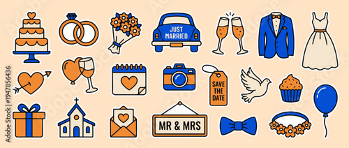 Wedding Icon Vector Set: A collection of various wedding symbols, meticulously designed for visual harmony and ease of use.
