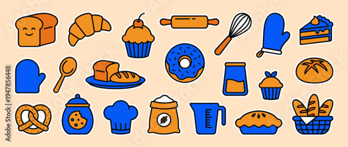 Bakery Essentials: An illustrated assortment of bakery essentials, from doughy delights to baking tools. A visual feast for culinary enthusiasts.
