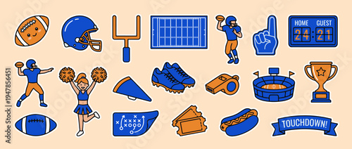 Game Day Icons: A vibrant collection of American football icons, capturing the essence of the sport from helmets and goalposts to the triumphant trophy. 