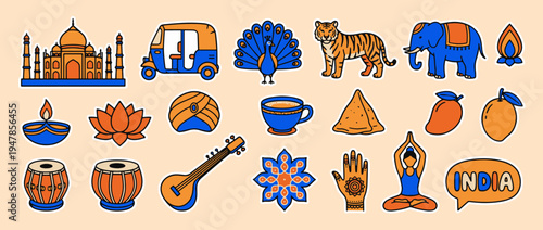 Vibrant Indian Icons: A captivating collection of Indian cultural symbols, showcasing the rich heritage and diverse elements of India. 