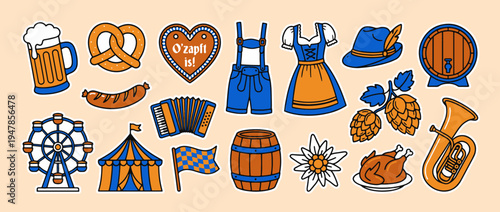 Oktoberfest Icons: A vibrant collection of classic Oktoberfest icons, inviting the spirit of Bavarian celebration with beer, pretzels, festive attire, and traditional elements.