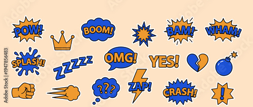 Comic Book Graphics: A dynamic collection of vibrant comic book graphics, including action exclamations, iconic symbols, and explosive effects.