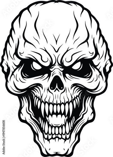 A black and white illustration of a menacing skull with an evil grin