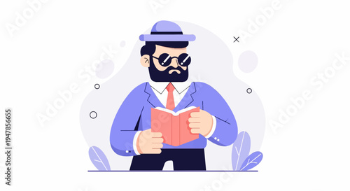 Stylized man in hat and glasses reads a book