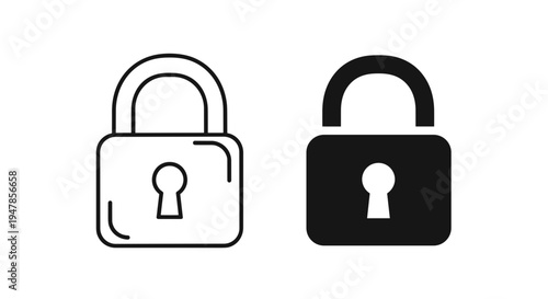 Two padlock icons one outlined and one solid black representing security