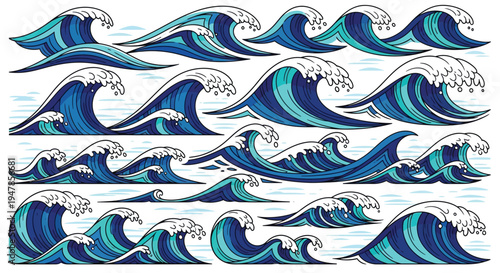 Stylized blue ocean waves and sea surf vector illustrations set