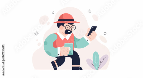 Stylized man in hat and glasses using phone, holding a device