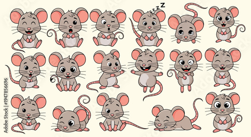Cartoon mouse character stickers with many emotions and poses