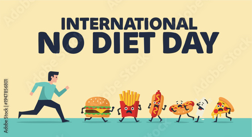 Man running from fast food in playful humorous illustration with bright vibrant colors for health and wellness campaign