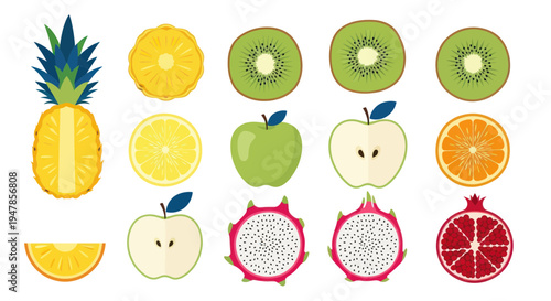 Assortment of Fresh Fruits: Pineapple, Kiwi, Apple, Orange, Dragon Fruit, Pomegranate, Lemon