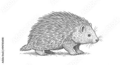 Hedgehog illustration, hand-drawn, pen and ink sketch, cute wild animal
