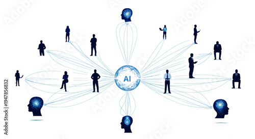 Ai connecting global network of diverse people silhouettes with digital brains