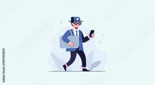 Stylized man in hat and suit walks with briefcase and phone