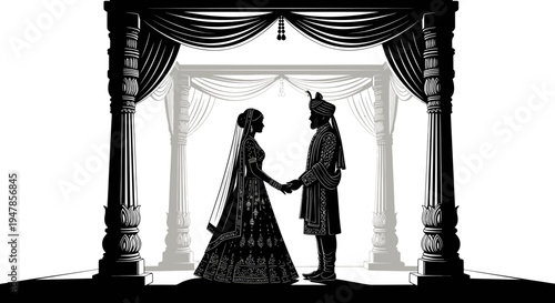 Indian Wedding Silhouette: Bride and Groom Holding Hands Under Archway