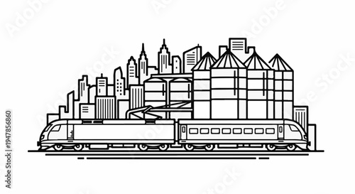 Stylized modern train passes a cityscape with buildings and silos