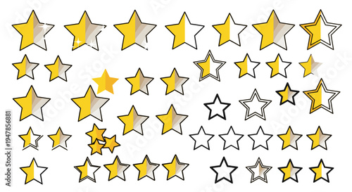 Collection of hand drawn yellow and outlined stars in various stages of completion