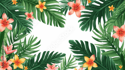Vector template Colorful tropical floral border with hibiscus, plumeria, and exotic jungle flowers. Decorative vector illustration perfect for summer backgr