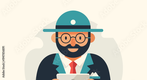 Stylized man in hat, suit, and glasses holds a tablet