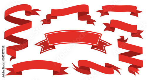 Collection of assorted red ribbons and banners for design and decoration isolated