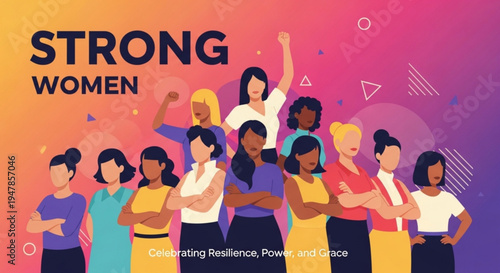 Diverse group of strong women celebrating resilience and empowerment together with colorful background