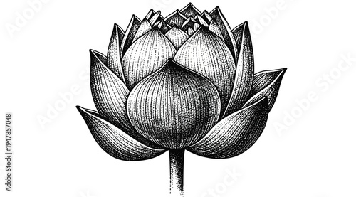 A detailed black and white illustration of a lotus flower isolated on white background with intricate shading and texture