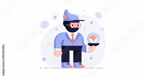 Stylized man in suit and hat holding a glowing plant in a glass dome