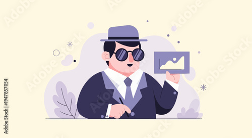 Stylized man in suit and hat holding a chart and pen