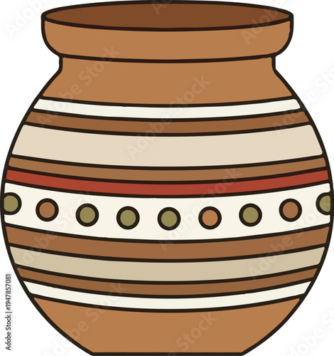 Single clay pot with stripes and dots, flat vector, minimal icon, white background