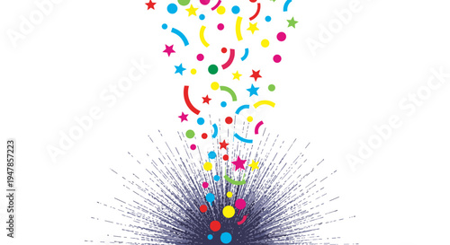 Explosion of colorful confetti and abstract shapes bursting from a vibrant