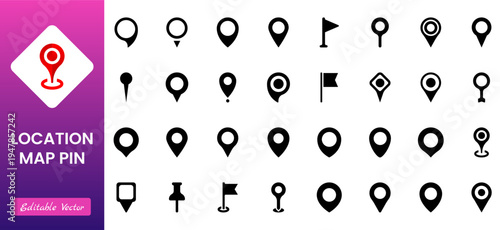Location, map and navigation pin icon collection with GPS markers, place pointers, position tracking and route symbols, vector outline navigation icons set isolated on transparent background