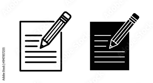 Two stylized icons depicting a pencil writing on a lined paper document one
