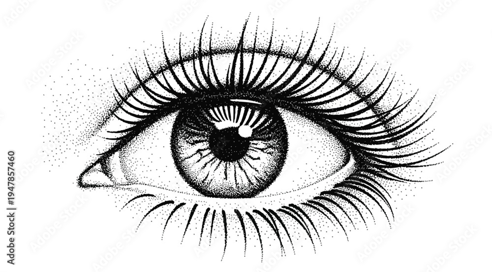 Obraz premium A detailed illustration of a human eye with long eyelashes on a white background