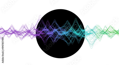 Abstract colorful sound wave emanating from a black circle on white background