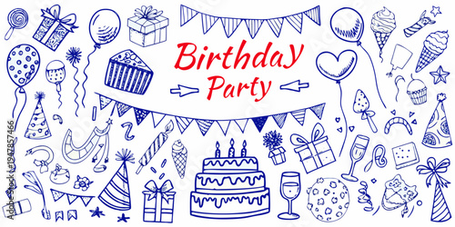 Hand drawn birthday party doodles with balloons cake and festive decorations