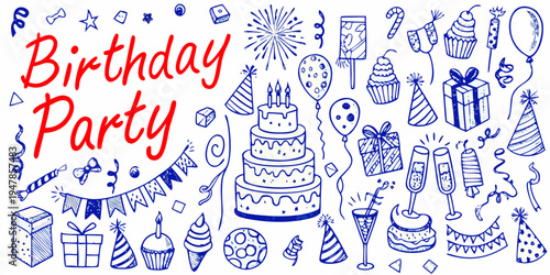Hand drawn birthday party elements including cake balloons and festive decorations