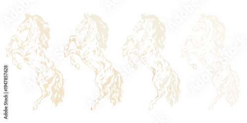 Four sketches of rearing horses in a light beige tone