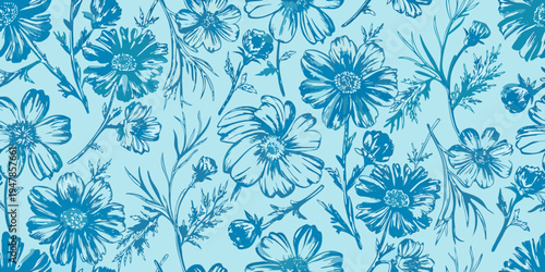 A seamless pattern of delicate blue floral sketches on a light background