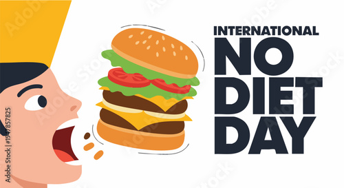 Man eating big burger in cartoon style with vibrant colors for International No Diet Day