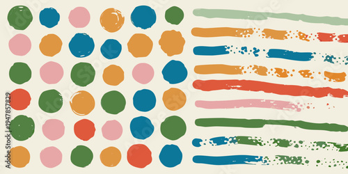 Abstract arrangement of colorful oval shapes and brushstroke lines