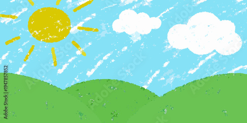 A child s drawing depicts a bright sun fluffy clouds and rolling hills