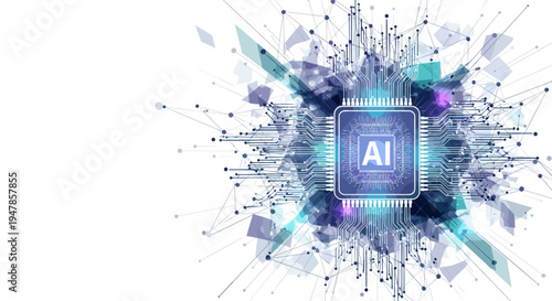 Advanced ai processor chip with glowing circuits and data connections on white